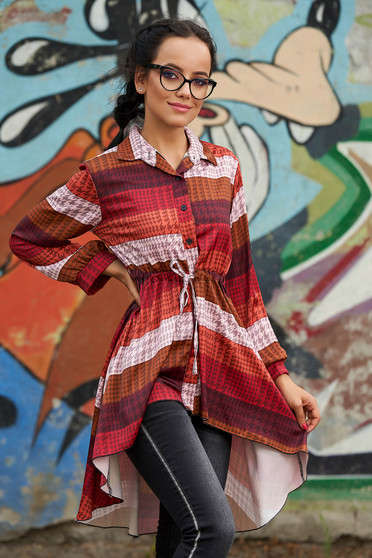 Bluza dama SunShine maro casual de zi asimetrica cu maneci lungi cu snur in talie si imprimeuri grafice