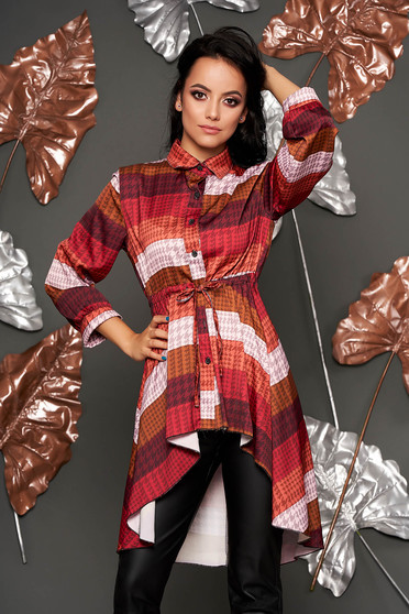 Bluza dama SunShine maro casual de zi asimetrica cu maneci lungi cu snur in talie si imprimeuri grafice