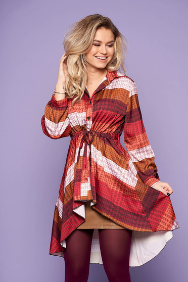 Bluza dama SunShine maro casual de zi asimetrica cu maneci lungi cu snur in talie si imprimeuri grafice