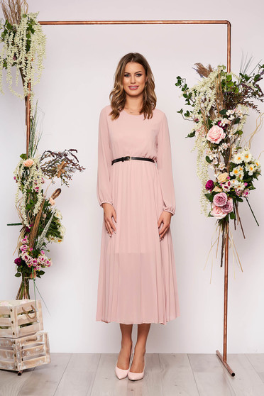 Rochie SunShine roz prafuit eleganta midi plisata cu croi larg din voal cu curea din imitatie de piele