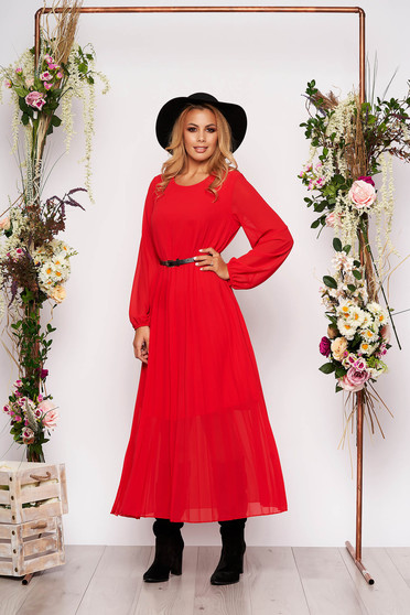 Rochie SunShine rosie eleganta midi plisata cu croi larg din voal cu curea din imitatie de piele