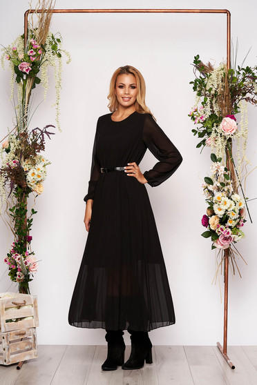 Rochie SunShine neagra eleganta midi plisata cu croi larg din voal cu curea din imitatie de piele