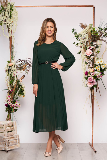 Rochie SunShine verde-inchis eleganta midi plisata cu croi larg din voal cu curea din imitatie de piele