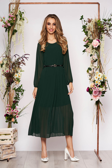 Rochie SunShine verde-inchis eleganta midi plisata cu croi larg din voal cu curea din imitatie de piele