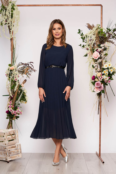 Rochie SunShine albastru-inchis eleganta midi plisata cu croi larg din voal cu curea din imitatie de piele