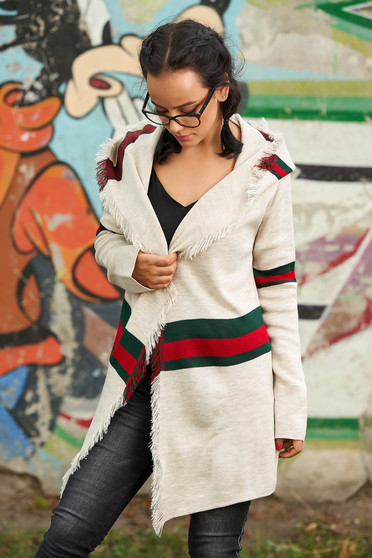 Cardigan SunShine gri casual lung din material gros cu franjuri si gluga nedetasabila