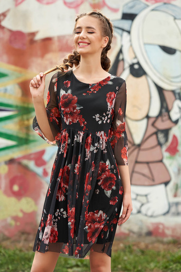Rochie SunShine neagra scurta de zi in clos din voal cu maneci clopot decolteu rotunjit si imprimeu floral