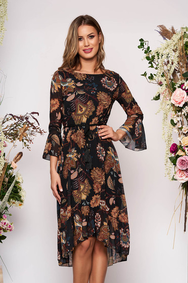 Rochie SunShine mustarie midi de ocazie cu croi larg asimetrica din voal cu decolteu rotunjit si imprimeu floral