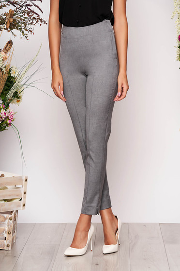Pantaloni StarShinerS gri eleganti office cu talie inalta din material usor elastic cu buzunare