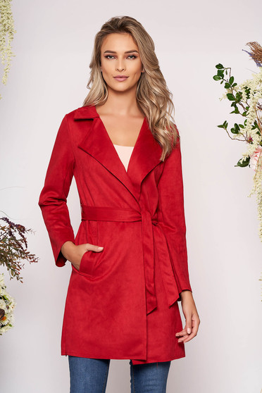Trench SunShine visiniu casual din imitatie de piele de caprioara cu croi drept cu buzunare si cordon detasabil