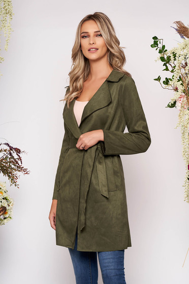 Trench SunShine khaki casual din imitatie de piele de caprioara cu croi drept cu buzunare si cordon detasabil
