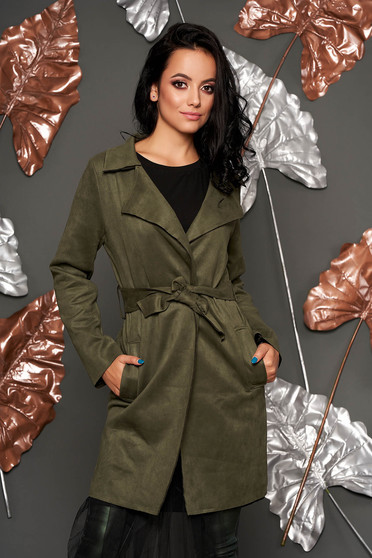 Trench SunShine khaki casual din imitatie de piele de caprioara cu croi drept cu buzunare si cordon detasabil