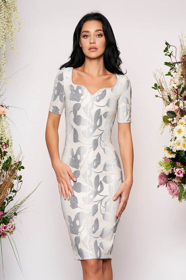 Rochie StarShinerS albastru-deschis midi de ocazie tip creion cu maneci scurte slit la spate cu imprimeu floral