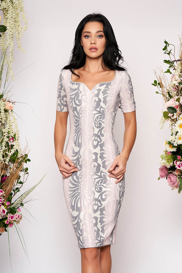 Rochie StarShinerS roz deschis midi de ocazie tip creion cu maneci scurte slit la spate cu imprimeu floral