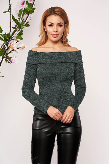 Pulover StarShinerS verde elegant scurt mulat din material tricotat cu maneci lungi si umeri goi