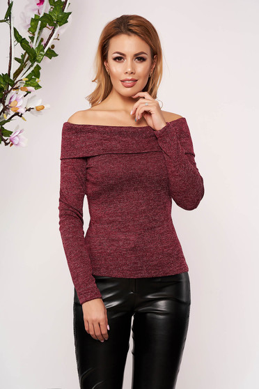 Pulover StarShinerS visiniu elegant scurt mulat din material tricotat cu maneci lungi si umeri goi