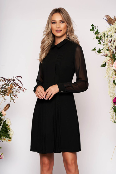 Rochie LaDonna neagra midi de ocazie cu croi in a din stofa cu guler cu maneci lungi transparente cu buzunare