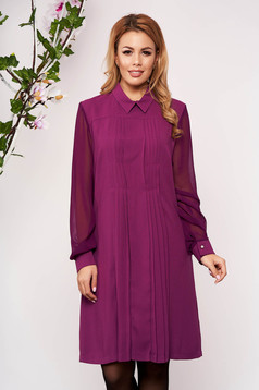 Purple dress occasional a-line midi with collar cloth long sleeve with pockets transparent sleeves
