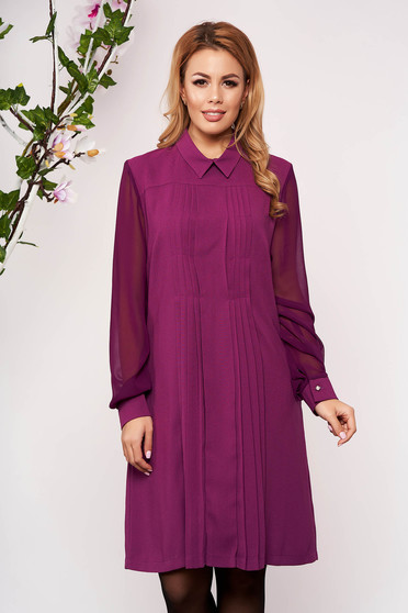 Rochie LaDonna mov midi de ocazie cu croi in a din stofa cu guler cu maneci lungi transparente cu buzunare