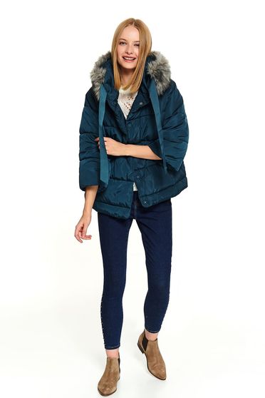 Geaca Top Secret verde scurta casual cu buzunare cu inchidere cu capse accesorizata cu blana ecologica