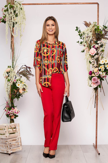 Compleu rosu elegant din 2 piese din bumbac cu pantalon si camasa cu imprimeuri grafice