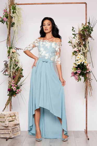 Rochie StarShinerS mint midi de ocazie in clos din voal cu maneci trei-sferturi umeri goi si cordon detasabil