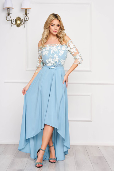 Rochie StarShinerS mint midi de ocazie in clos din voal cu maneci trei-sferturi umeri goi si cordon detasabil