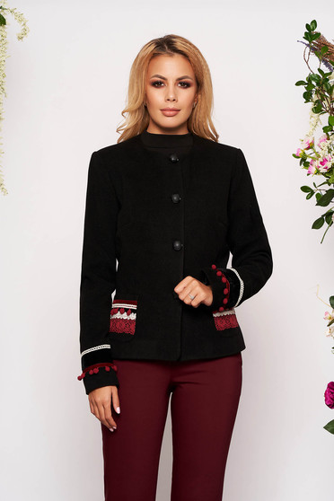 Sacou LaDonna negru din lana cambrat elegant tip blazer cu aplicatii cusute manual