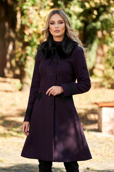 Palton LaDonna mov best impulse elegant din lana cu insertii de broderie captusit pe interior cu buzunare