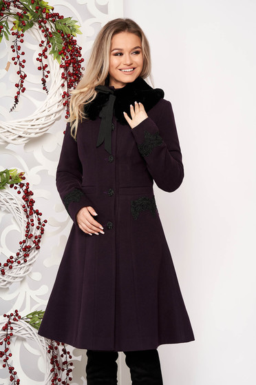 Palton mov StarShinerS best impulse elegant din lana cu insertii de broderie captusit pe interior