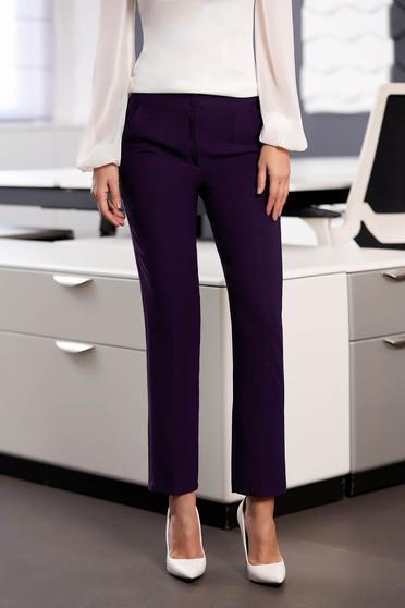 Pantaloni StarShinerS mov office cu un croi drept din stofa usor elastica cu talie medie si buzunare