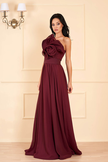 Rochie Ana Radu visinie de lux pe umar din voal captusita pe interior cu volanase accesorizata cu cordon