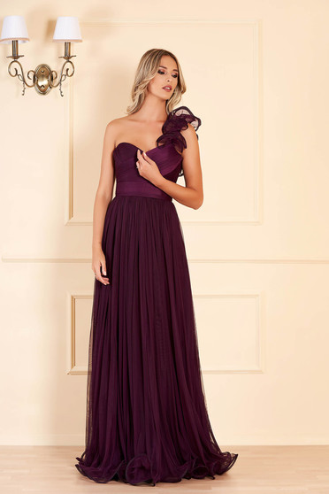 Rochie Ana Radu mov de lux lunga din tul cu croi in clos cu bust buretat si inchidere la spate tip corset