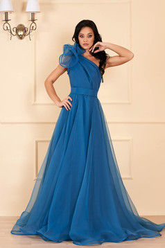 Ana Radu turquoise luxurious dress with inside lining accessorized with tied waistband one shoulder flaring cut