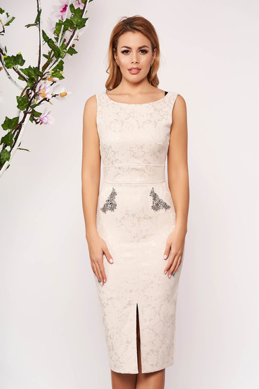Rochie StarShinerS crem midi de ocazie tip creion din jacquard fara maneci cu decolteu in