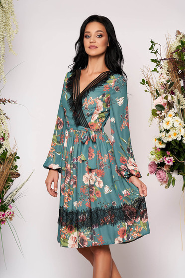 Rochie LaDonna verde petrol midi eleganta in clos din voal cu decolteu in v cu maneci lungi cu imprimeu floral