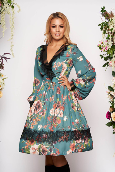 Rochie LaDonna verde petrol midi eleganta in clos din voal cu decolteu in v cu maneci lungi cu imprimeu floral