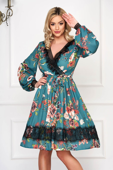Rochie LaDonna verde petrol eleganta midi in clos din voal cu imprimeu floral