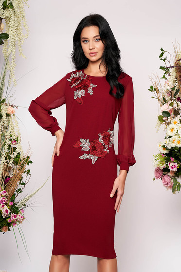 Rochie visinie eleganta midi tip creion din scuba si voal captusita pe interior