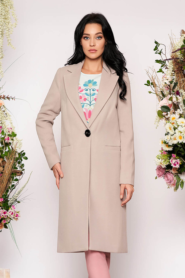Palton LaDonna cappuccino basic cu un croi drept din lana captusit pe interior cu buzunare