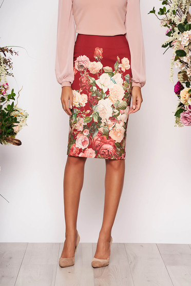 Fusta StarShinerS visinie office midi tip creion din material usor elastic cu imprimeuri florale