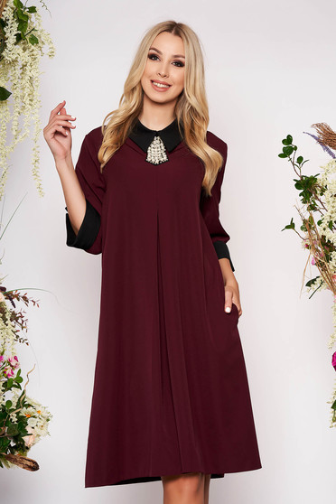 Rochie visinie midi eleganta cu croi larg din stofa subtire cu buzunare cu guler si maneci trei-sferturi