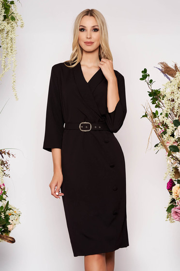 Rochie neagra office midi cu un croi drept din stofa cu maneci trei-sferturi cu accesoriu tip curea