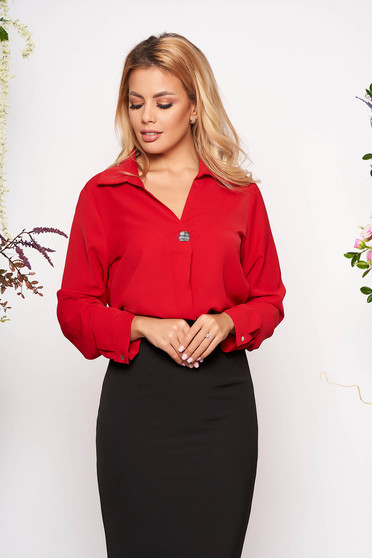 Camasa dama rosie scurta eleganta din material vaporos cu maneci lungi si guler