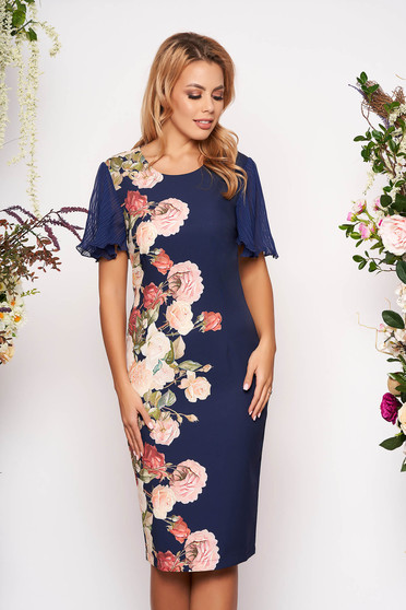 Rochie StarShinerS albastra midi de ocazie tip creion din stofa cu maneci din voal tip fluture si imprimeu floral