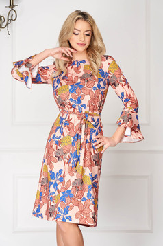 Cream dress elegant midi scuba detachable cord long sleeved with bell sleeve with floral print