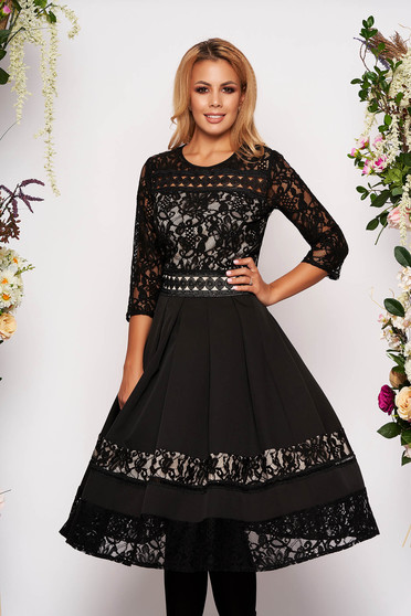 Rochie neagra midi eleganta in clos din dantela cu maneci trei-sferturi fara captuseala cu decolteu rotunjit