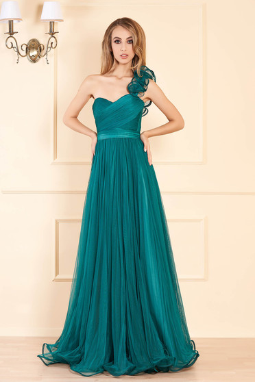 Rochie Ana Radu verde de lux lunga din tul cu croi in clos cu bust buretat si inchidere la spate tip corset
