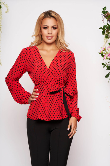 Bluza dama StarShinerS rosie office cu croi larg cu decolteu in v din material subtire cu buline