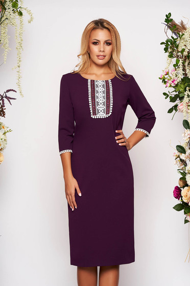 Rochie mov eleganta midi tip creion din stofa elastica cu maneci trei-sferturi si decolteu rotunjit